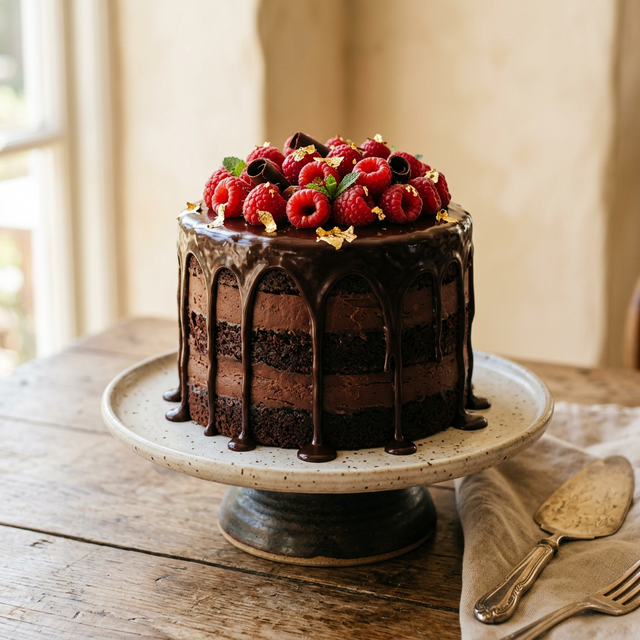 Chocolate layer cake with ganache drip and fresh raspberries